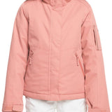 Roxy Junior's Meade Insulated Jacket 2024 - A dusty rose-colored jacket with a fur-lined hood and two zippered pockets on either side.