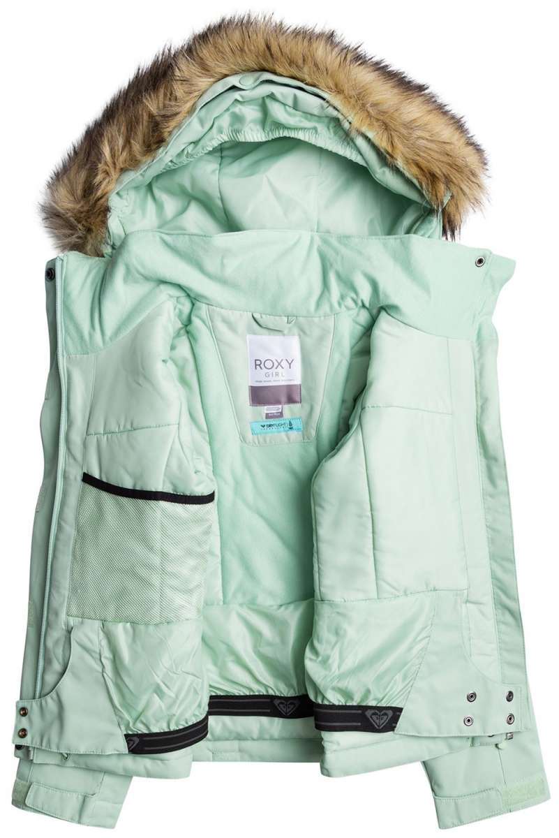 Roxy Junior's Meade Insulated Jacket 2024 - A mint green jacket with a fur-lined hood and black trim.