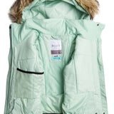 Roxy Junior's Meade Insulated Jacket 2024 - A mint green jacket with a fur-lined hood and black trim.