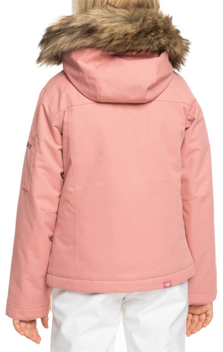 Roxy Junior's Meade Insulated Jacket 2024 - A dusty rose-colored jacket with a fur-lined hood and two zippered pockets on either side.