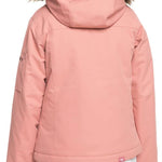 Roxy Junior's Meade Insulated Jacket 2024 - A dusty rose-colored jacket with a fur-lined hood and two zippered pockets on either side.