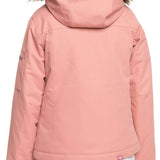 Roxy Junior's Meade Insulated Jacket 2024 - A dusty rose-colored jacket with a fur-lined hood and two zippered pockets on either side.