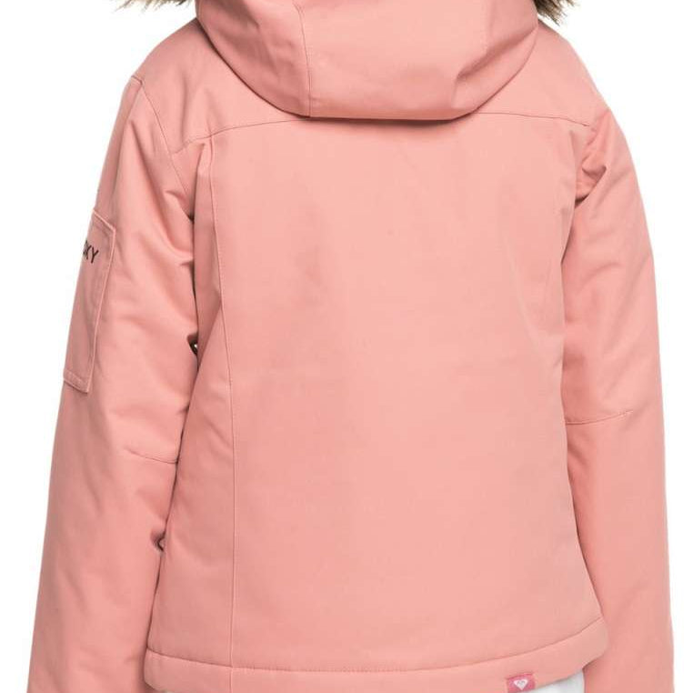 Roxy Junior's Meade Insulated Jacket 2024 - A dusty rose-colored jacket with a fur-lined hood and two zippered pockets on either side.
