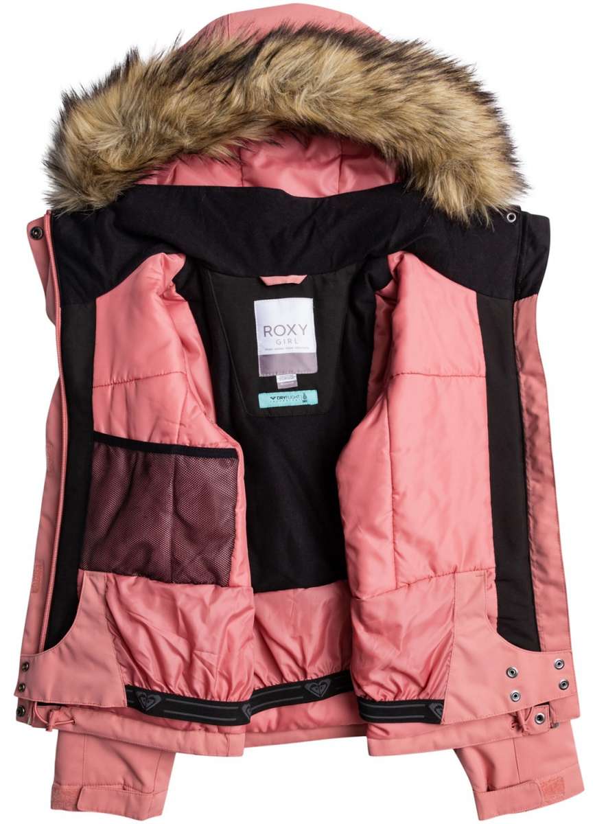 Roxy Junior's Meade Insulated Jacket 2024 - A pink jacket with a fur-lined hood and black trim, laid flat on a solid background.