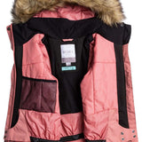 Roxy Junior's Meade Insulated Jacket 2024 - A pink jacket with a fur-lined hood and black trim, laid flat on a solid background.