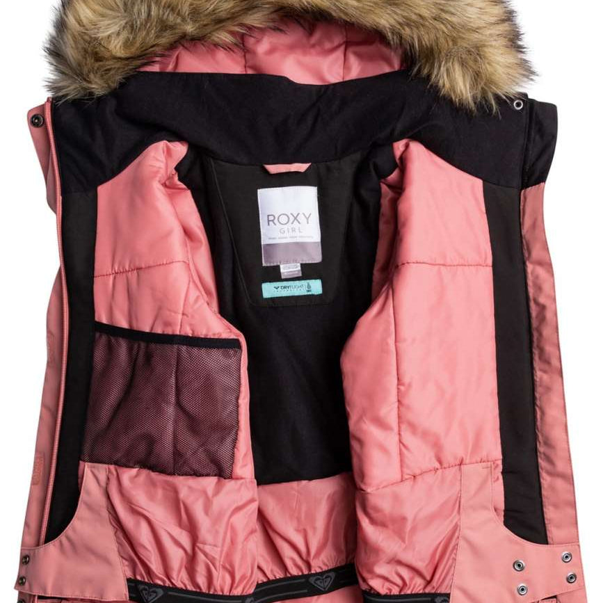 Roxy Junior's Meade Insulated Jacket 2024 - A pink jacket with a fur-lined hood and black trim, laid flat on a solid background.