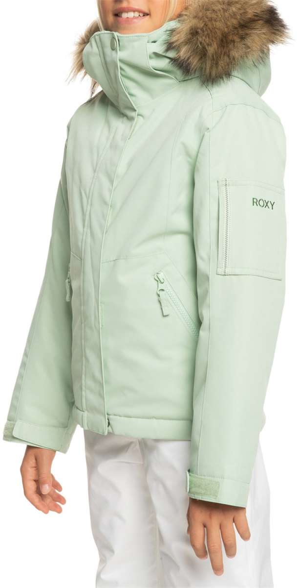 Roxy Junior's Meade Insulated Jacket 2024 - A light blue jacket with a fur-lined hood and zippered pockets.