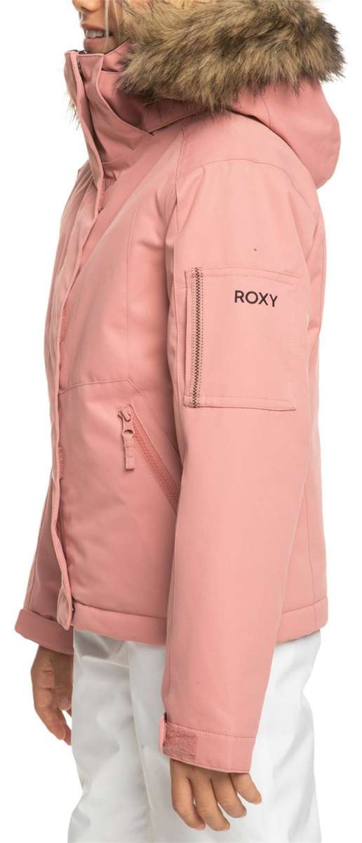 Roxy Junior's Meade Insulated Jacket 2024 - A dusty rose-colored jacket with a fur-lined hood and zippered pockets.