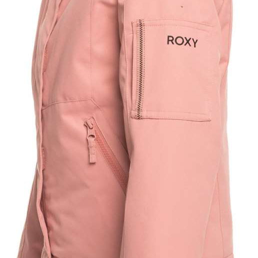 Roxy Junior's Meade Insulated Jacket 2024 - A dusty rose-colored jacket with a fur-lined hood and zippered pockets.