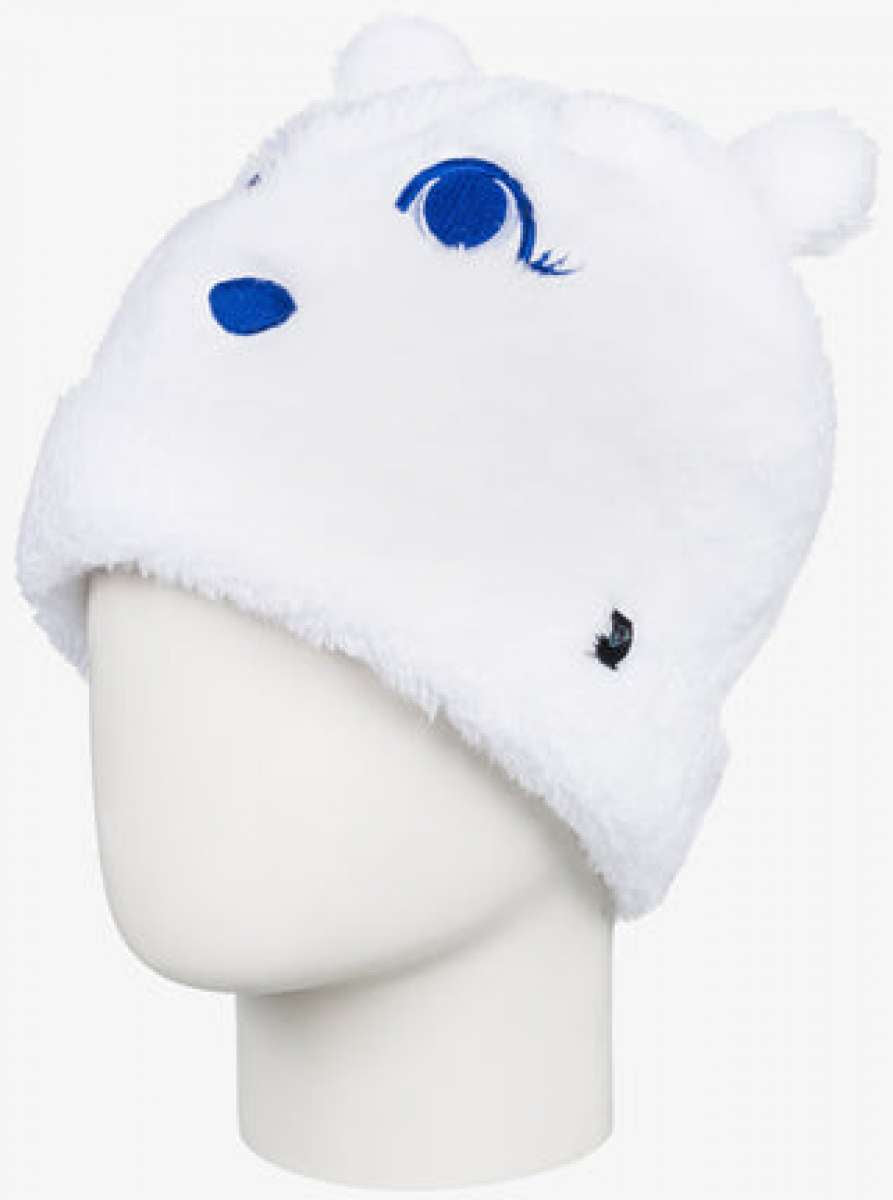 Roxy Junior's Mini Snowmoon Beanie 2024 - White beanie with blue embroidered snowman face on front.