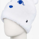 Roxy Junior's Mini Snowmoon Beanie 2024 - White beanie with blue embroidered snowman face on front.