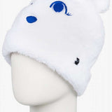 Roxy Junior's Mini Snowmoon Beanie 2024 - White beanie with blue embroidered snowman face on front.