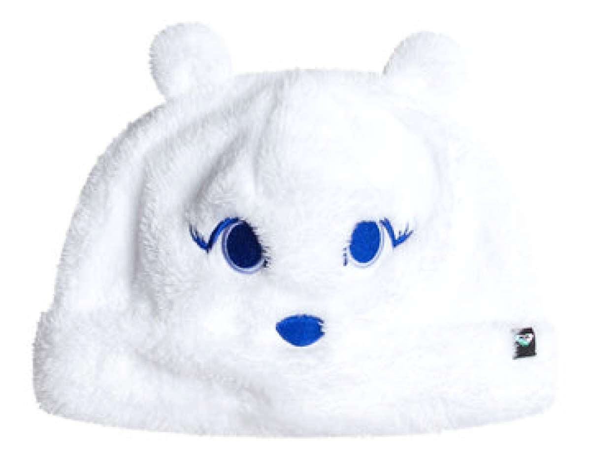 Roxy Junior's Mini Snowmoon Beanie 2024 - White beanie with a small pom-pom on top and blue embroidered snowman design.