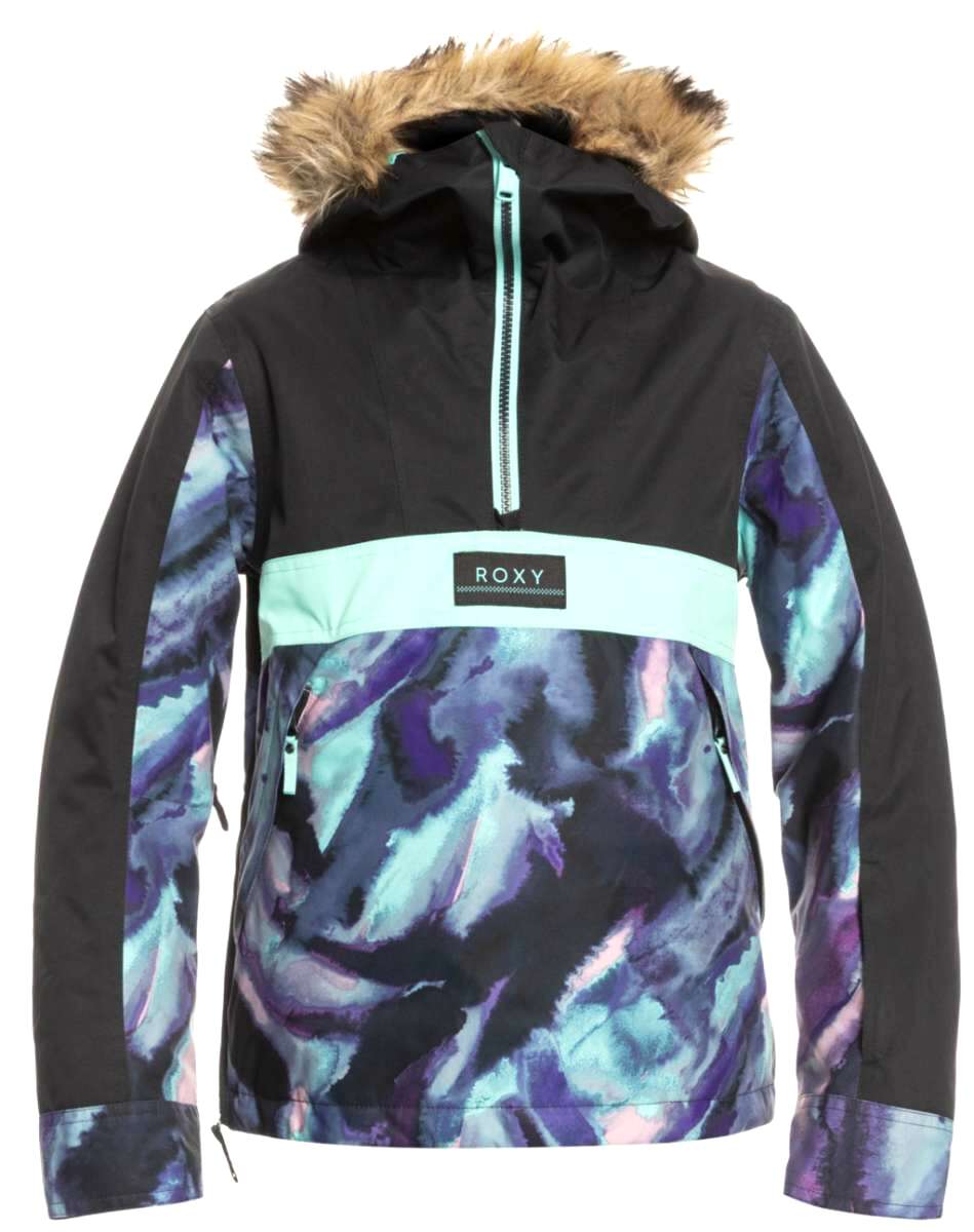 Roxy Junior's Shelter Insulated Jacket 2022 - A black jacket with a fur-lined hood and a white logo on the chest.