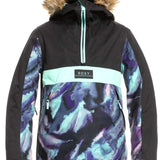Roxy Junior's Shelter Insulated Jacket 2022 - A black jacket with a fur-lined hood and a white logo on the chest.
