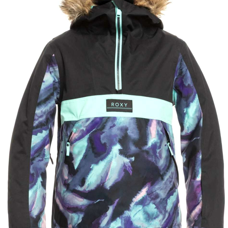 Roxy Junior's Shelter Insulated Jacket 2022 - A black jacket with a fur-lined hood and a white logo on the chest.