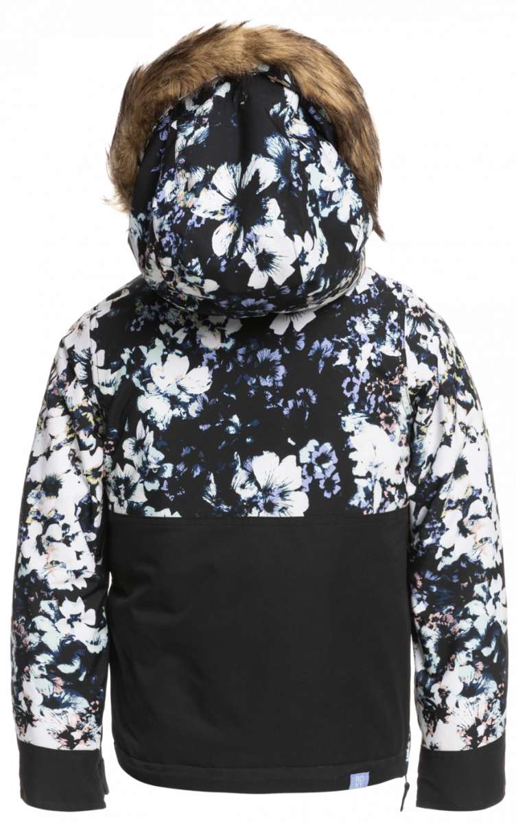 Roxy Junior's Shelter Insulated Jacket 2023 - A black jacket with a white floral pattern and brown faux fur trim around the hood.
