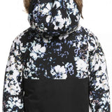 Roxy Junior's Shelter Insulated Jacket 2023 - A black jacket with a white floral pattern and brown faux fur trim around the hood.