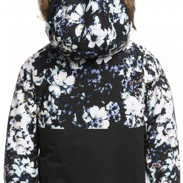 Roxy Junior's Shelter Insulated Jacket 2023 - A black jacket with a white floral pattern and brown faux fur trim around the hood.