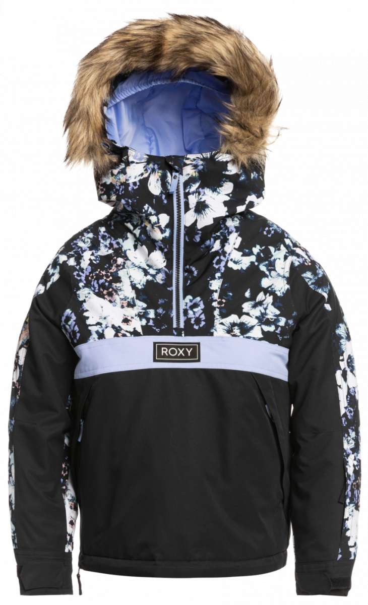 Roxy Junior's Shelter Insulated Jacket 2023 - A black jacket with a white floral pattern and a fur-lined hood.