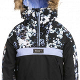 Roxy Junior's Shelter Insulated Jacket 2023 - A black jacket with a white floral pattern and a fur-lined hood.