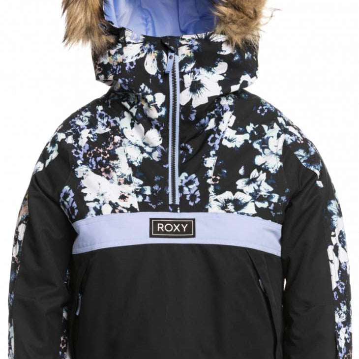 Roxy Junior's Shelter Insulated Jacket 2023 - A black jacket with a white floral pattern and a fur-lined hood.