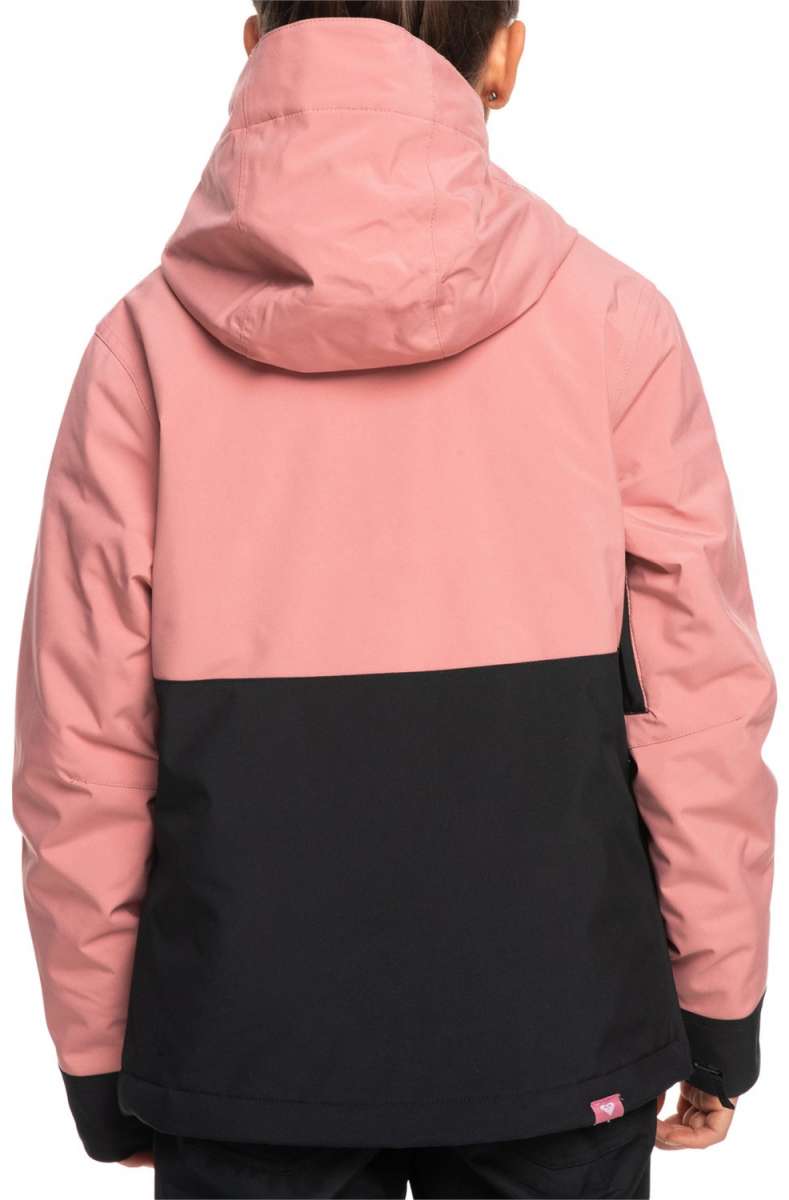 Roxy Junior's Shelter Insulated Jacket 2024 - A dusty rose-colored jacket with a black stripe across the bottom and a hood, featuring a small white logo on the lower right side.