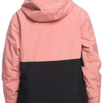 Roxy Junior's Shelter Insulated Jacket 2024 - A dusty rose-colored jacket with a black stripe across the bottom and a hood, featuring a small white logo on the lower right side.