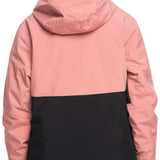 Roxy Junior's Shelter Insulated Jacket 2024 - A dusty rose-colored jacket with a black stripe across the bottom and a hood, featuring a small white logo on the lower right side.