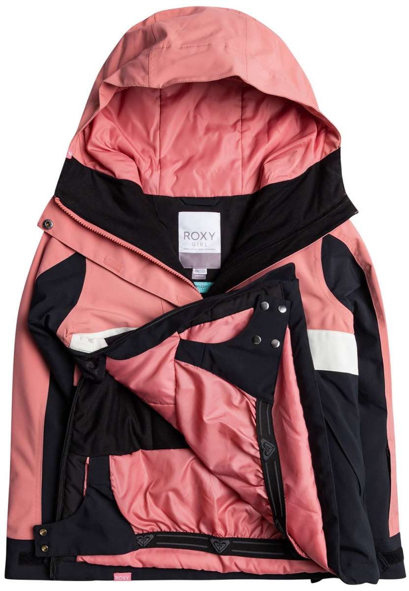 Roxy Junior's Shelter Insulated Jacket 2024 - A pink and black insulated jacket with a hood, featuring a zipper closure and two pockets on either side.