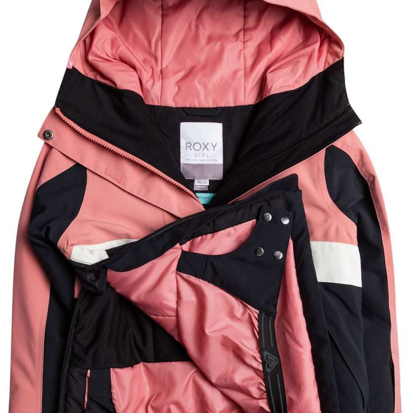 Roxy Junior's Shelter Insulated Jacket 2024 - A pink and black insulated jacket with a hood, featuring a zipper closure and two pockets on either side.