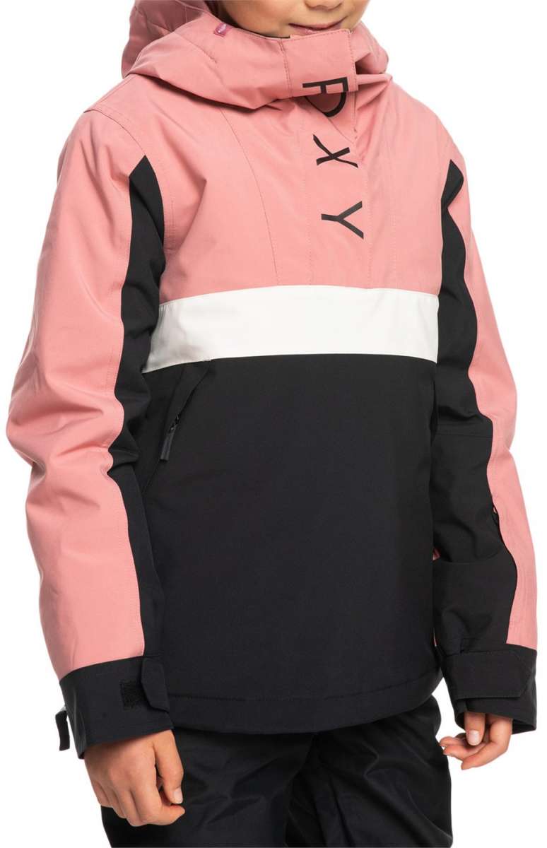 Roxy Junior's Shelter Insulated Jacket 2024 - A pink and black jacket with a white stripe across the chest, featuring a hood and zippered pockets.