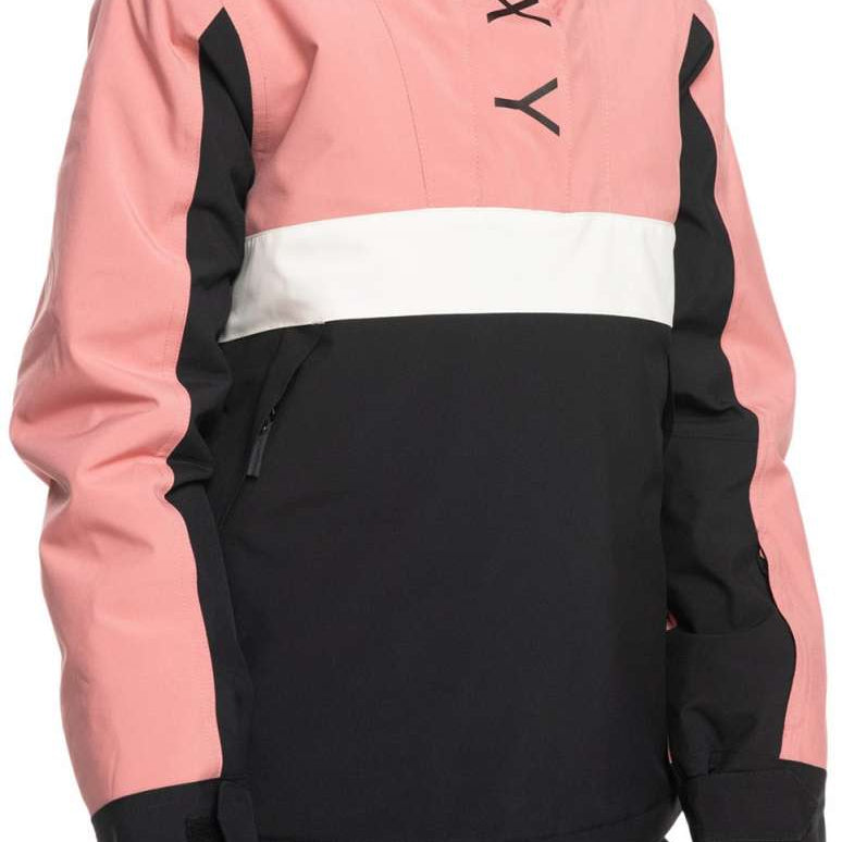 Roxy Junior's Shelter Insulated Jacket 2024 - A pink and black jacket with a white stripe across the chest, featuring a hood and zippered pockets.