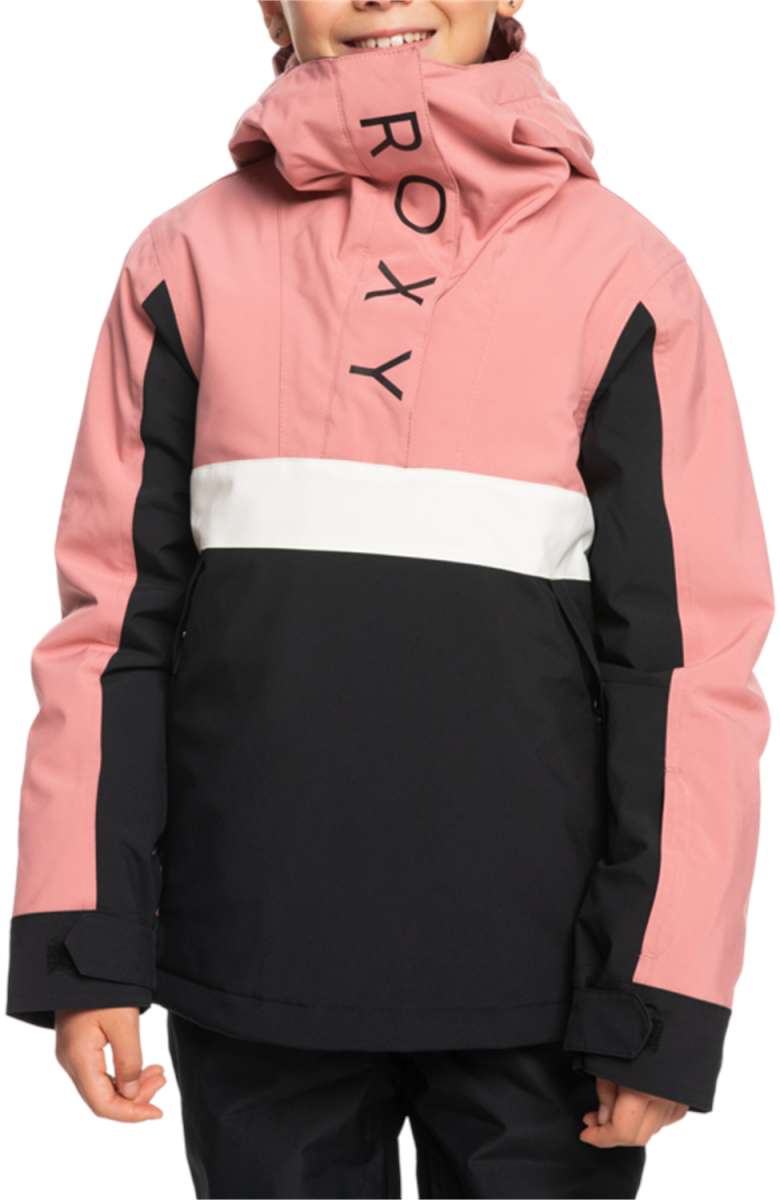 Roxy Junior's Shelter Insulated Jacket 2024 - A pink and black jacket with a white stripe across the waist, worn by a smiling child.