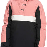 Roxy Junior's Shelter Insulated Jacket 2024 - A pink and black jacket with a white stripe across the waist, worn by a smiling child.