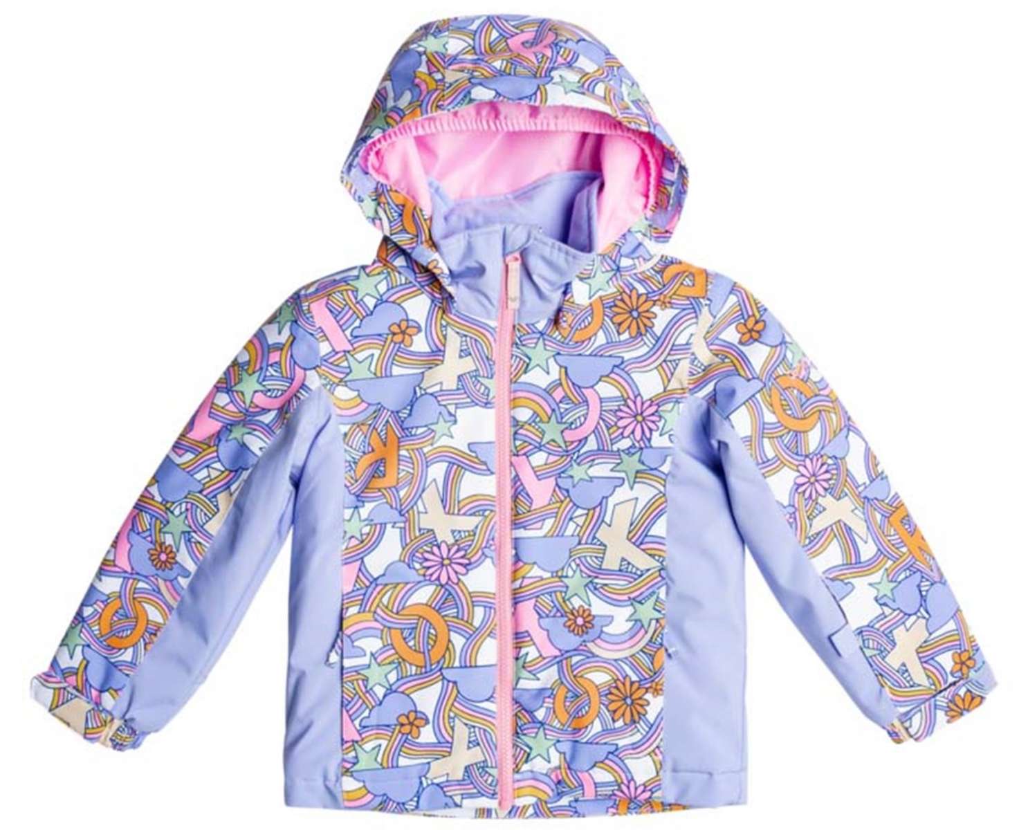 Roxy Junior's Snowy Tale Insulated Jacket 2024 - A pastel blue jacket with a repeating pattern of snowflakes, rainbows, and stars.