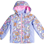Roxy Junior's Snowy Tale Insulated Jacket 2024 - A pastel blue jacket with a repeating pattern of snowflakes, rainbows, and stars.