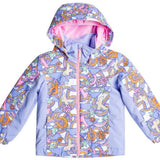 Roxy Junior's Snowy Tale Insulated Jacket 2024 - A pastel blue jacket with a repeating pattern of snowflakes, rainbows, and stars.