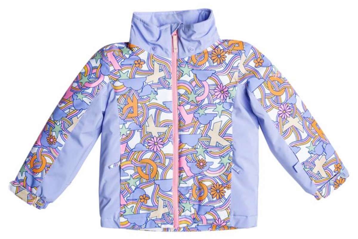 Roxy Junior's Snowy Tale Insulated Jacket 2024 - A pastel blue jacket with a repeating pattern of rainbows, clouds, and stars in pink, orange, yellow, green, purple, and white.