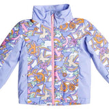 Roxy Junior's Snowy Tale Insulated Jacket 2024 - A pastel blue jacket with a repeating pattern of rainbows, clouds, and stars in pink, orange, yellow, green, purple, and white.