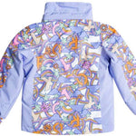 Roxy Junior's Snowy Tale Insulated Jacket 2024 - A white jacket with a repeating pattern of blue, pink, and orange snowflakes and trees.