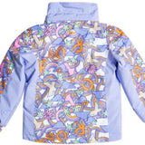 Roxy Junior's Snowy Tale Insulated Jacket 2024 - A white jacket with a repeating pattern of blue, pink, and orange snowflakes and trees.