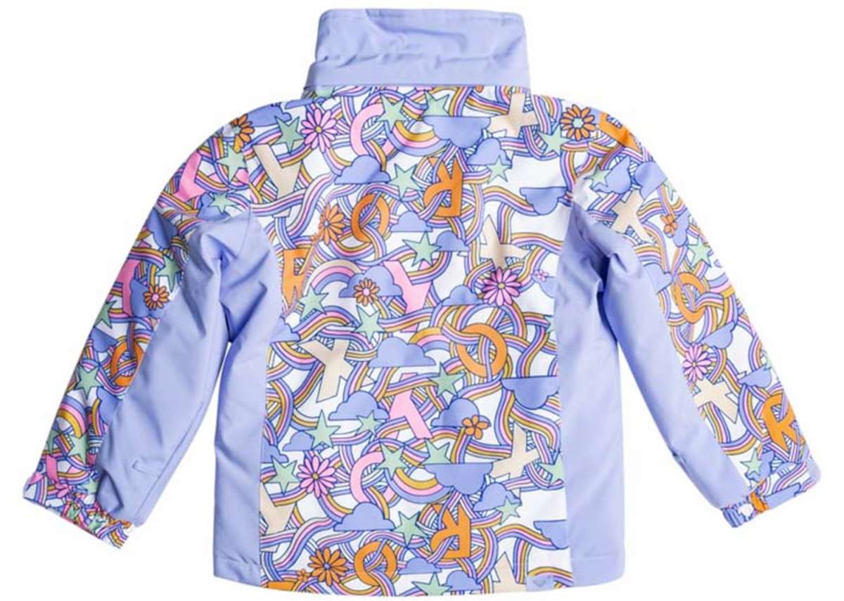 Roxy Junior's Snowy Tale Insulated Jacket 2024 - A white jacket with a repeating pattern of blue, pink, and orange snowflakes and trees.
