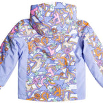 Roxy Junior's Snowy Tale Insulated Jacket 2024 - A white jacket with a repeating pattern of blue clouds, rainbows, and stars.