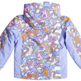 Roxy Junior's Snowy Tale Insulated Jacket 2024 - A white jacket with a repeating pattern of blue clouds, rainbows, and stars.