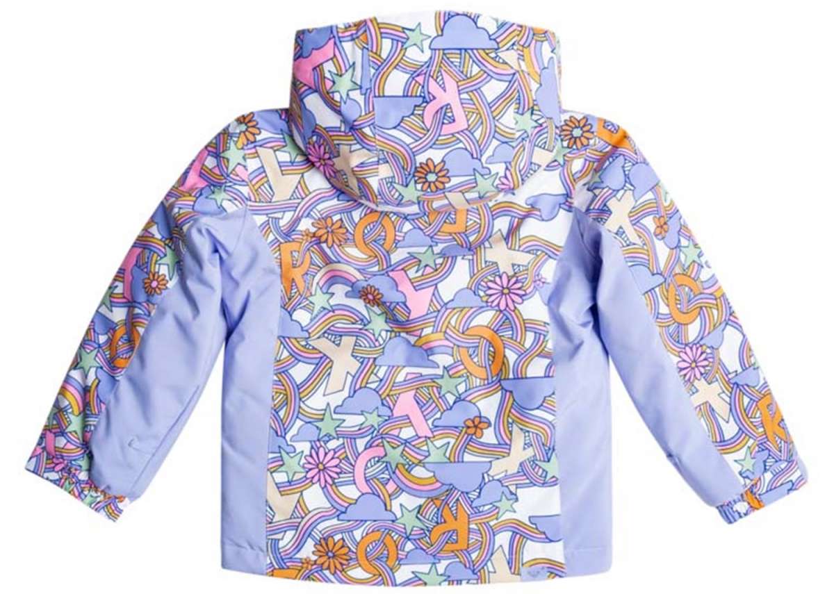 Roxy Junior's Snowy Tale Insulated Jacket 2024 - A white jacket with a repeating pattern of blue clouds, rainbows, and stars.