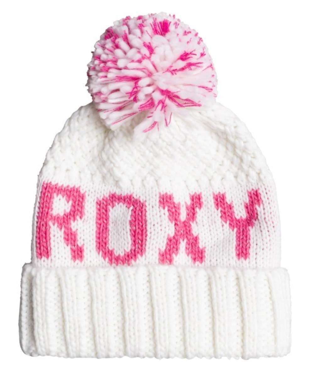 Roxy Junior's Tonic Beanie 2022 - White beanie with pink lettering and a matching pom-pom on top.