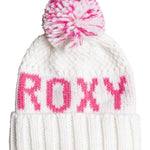 Roxy Junior's Tonic Beanie 2022 - White beanie with pink lettering and a matching pom-pom on top.