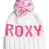 Roxy Junior's Tonic Beanie 2022 - White beanie with pink lettering and a matching pom-pom on top.
