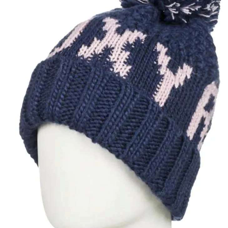 Roxy Junior's Tonic Beanie 2022 - A navy blue beanie with a white snowflake pattern and a matching pom-pom on top.